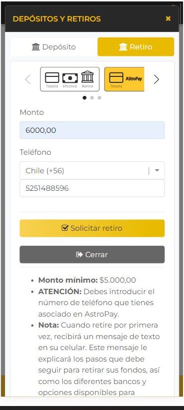retiro de dinero con AstroPay Chile casino online