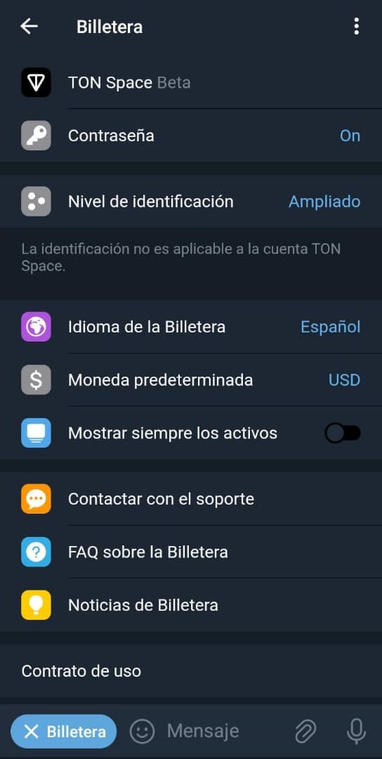 Configuración Billetera Telegram