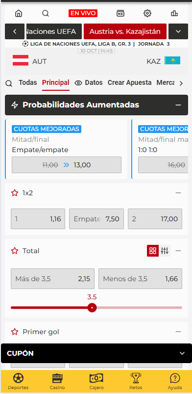 Nuevo widget de cuotas aumentadas para apuestas deportivas MiCasino.com