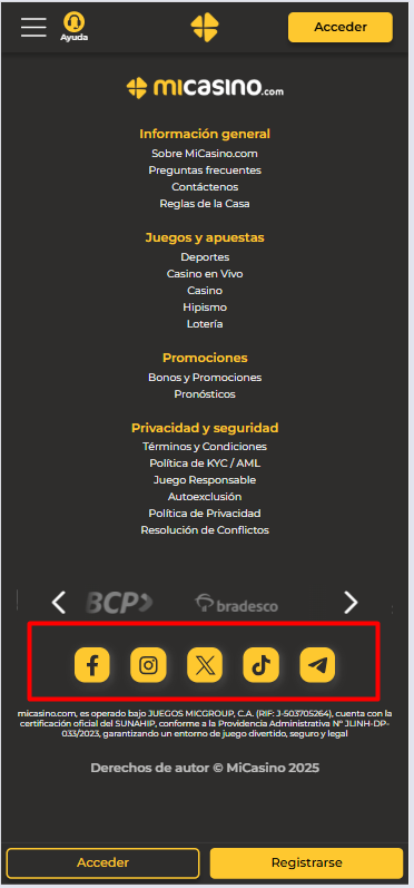 Redes sociales oficiales de MiCasino.com