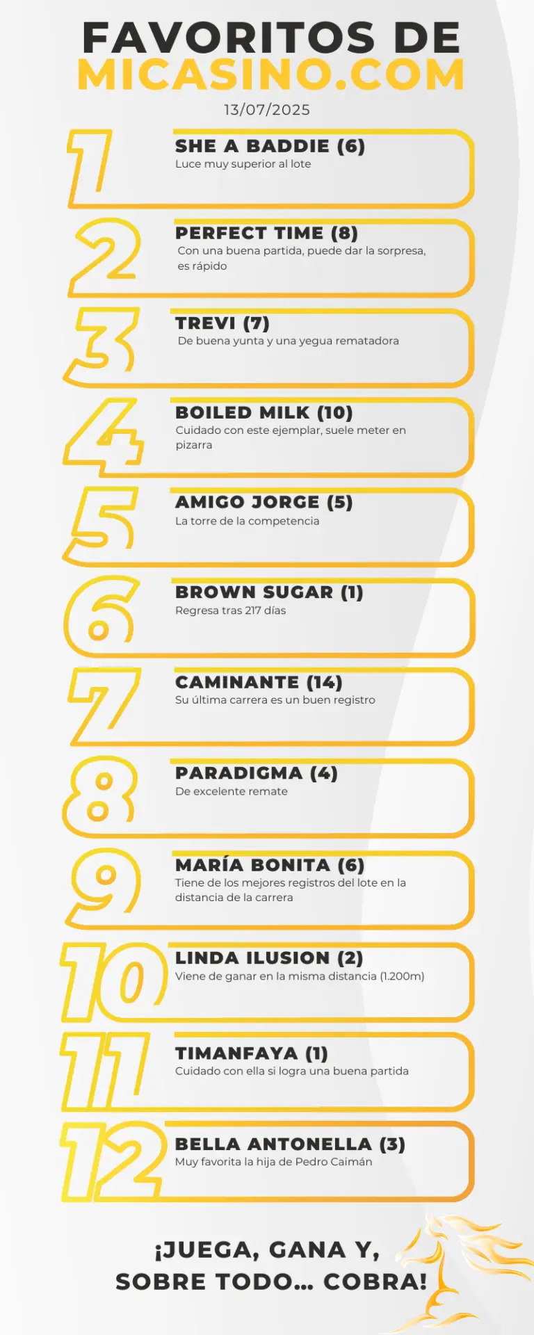 favoritos a ganar en la rinconada 13 de julio datos 5y6